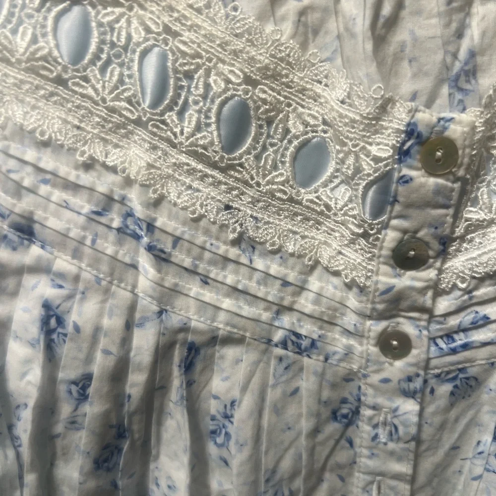 Eileen West Cotton blue Floral LS Long Nightgown cottagecore lace vtg - Picture 6 of 8